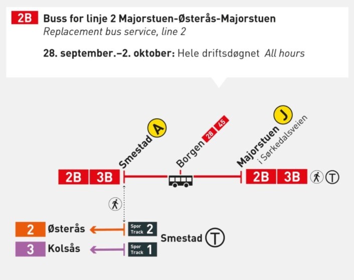 Buss 2B og 3B kjører fra holdeplass J i Sørkedalsveien hele perioden. Buss 2B og 3B kjører fra holdeplass J i Sørkedalsveien hele perioden.