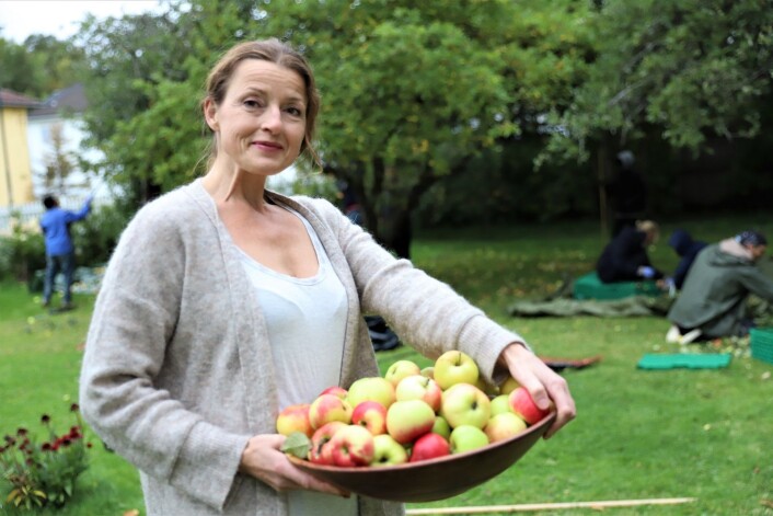 Huseier Inger-Anne Almestad synes ordningen er helt super. Her passer hun på å sikre seg noen epler. Foto: André Kjernsli Huseier Inger-Anne Almestad synes ordningen er helt super. Her passer hun på å sikre seg noen epler. Foto: André Kjernsli