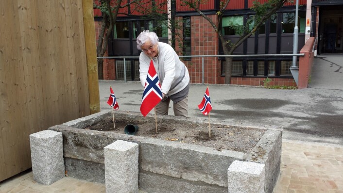 Anne på 94 år bidro til festen ved å pynte med flagg i høybedene. Foto: Mads B. Nakkerud Anne på 94 år bidro til festen ved å pynte med flagg i høybedene. Foto: Mads B. Nakkerud
