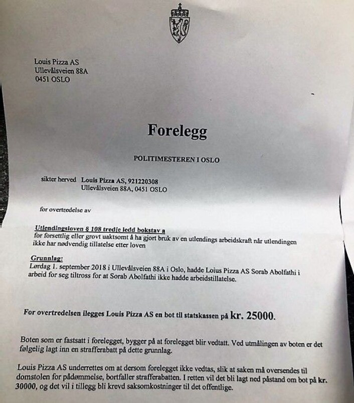 Brevet fra politiet der Live Glesne Kjølstad og Louis Pizza bes vedta boten på 25.000 kroner eller risikere en større bot etter en rettssak. Foto: Privat Brevet fra politiet der Live Glesne Kjølstad og Louis Pizza bes vedta boten på 25.000 kroner eller risikere en større bot etter en rettssak. Foto: Privat