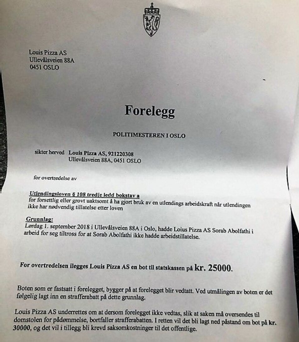 Brevet fra politiet der Live Glesne Kjølstad og Louis Pizza bes vedta boten på 25.000 kroner eller risikere en større bot etter en rettssak. Foto: Privat