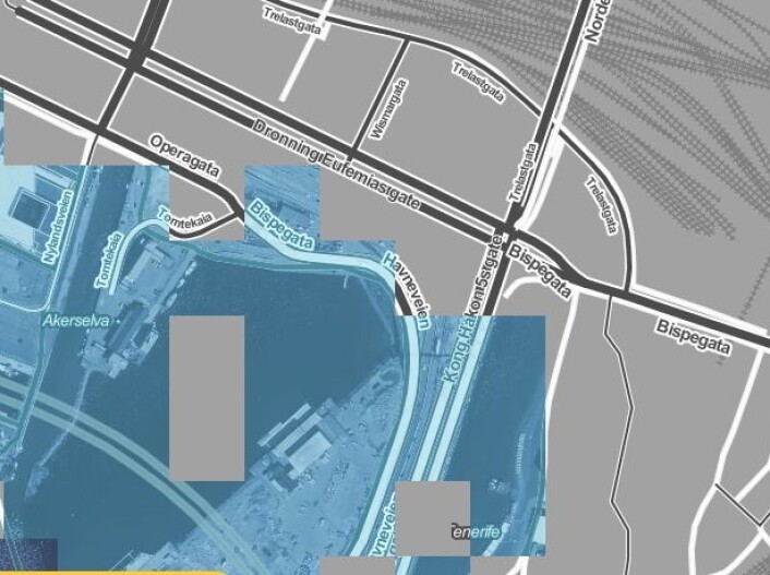 De blå feltene viser vannstanden i Bjørvika ved to grader global oppvarming. Skjermdump: Surging Seas / Climate Central De blå feltene viser vannstanden i Bjørvika ved to grader global oppvarming. Skjermdump: Surging Seas / Climate Central