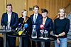 Gardermoen 20250912. Henrik Asheim, Tina Bru, Peter Christian Frølich, Ine Marie Eriksen Søreide og Sandra Bruflot i forbindelse med en pressekonferanse. Erna Solberg gjorde det kjent at hun går av som partileder under Høyres sentralstyremøte fredag. Foto: Gorm Kallestad / NTB