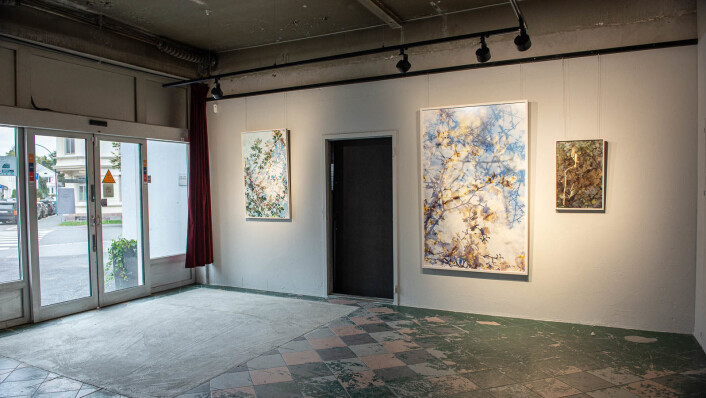 Moderne norsk fotokunst møter sliten, forhenværende bensinstasjon. Foto: Hilde Kari Nylund Moderne norsk fotokunst møter sliten, forhenværende bensinstasjon. Foto: Hilde Kari Nylund