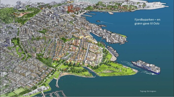 Fjordbyparken er et alternativt forslag til hvordan Filipstad kan se ut. Tegning: Ole Krogness Fjordbyparken er et alternativt forslag til hvordan Filipstad kan se ut. Tegning: Ole Krogness