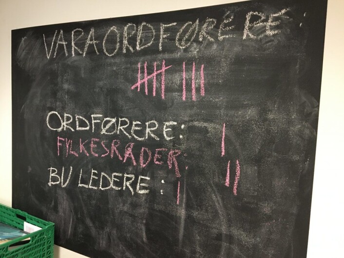 På kontoret til MDG fins det en oversikt over hvilke toppverv partiet foreløpig sitter igjen med etter kommunevalget. Foto: Vegard Velle På kontoret til MDG fins det en oversikt over hvilke toppverv partiet foreløpig sitter igjen med etter kommunevalget. Foto: Vegard Velle
