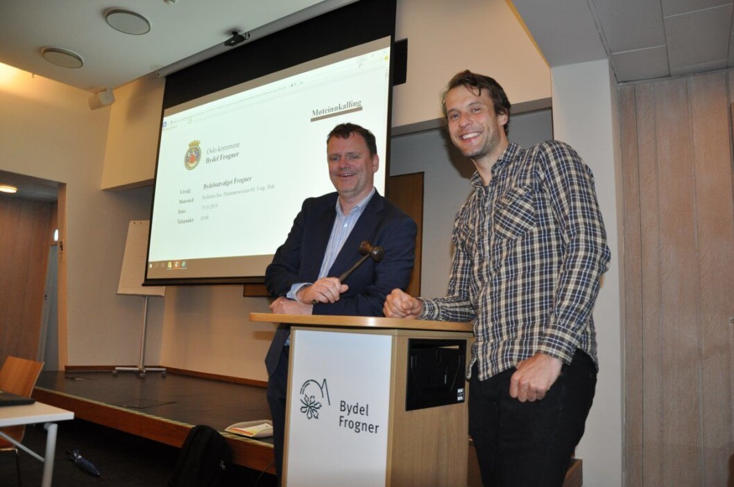 Høyre og Jens Jørgen Lie (til v.) sikres en ny periode som leder av Frogner bydelsutvalg etter å ha inngått en valgteknisk avtale med MDG og Adam Tumidajewicz. Foto: Arnsten Linstad Høyre og Jens Jørgen Lie (til v.) sikres en ny periode som leder av Frogner bydelsutvalg etter å ha inngått en valgteknisk avtale med MDG og Adam Tumidajewicz. Foto: Arnsten Linstad