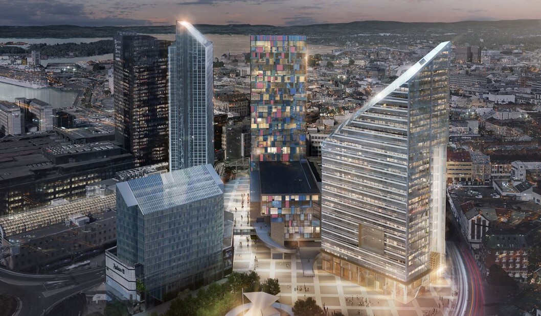 I midten av illustrasjonen kan du se hvordan nye Oslo Spektrum etter planen vil se ut. Til høyre er det planlagte bygget Oslosolar. Illustrasjon: LPO arkitekter I midten av illustrasjonen kan du se hvordan nye Oslo Spektrum etter planen vil se ut. Til høyre er det planlagte bygget Oslosolar. Illustrasjon: LPO arkitekter