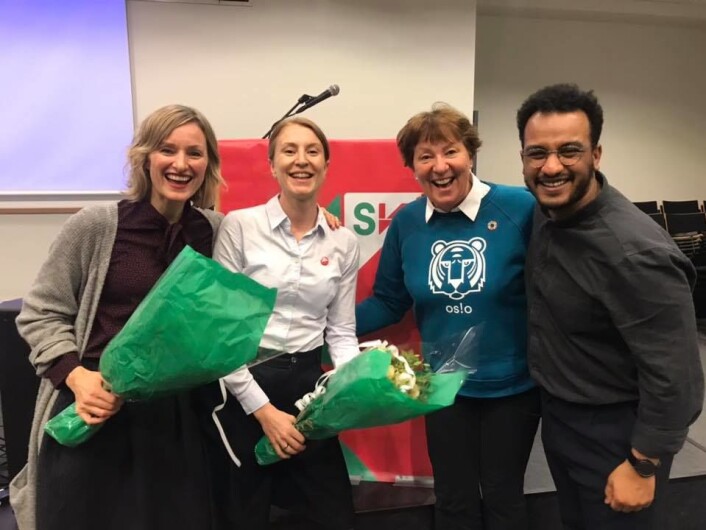 Jubel etter at Oslo SVs representantskap sa ja til byrådssamarbeidet med MDG og Ap. Fra venstre; Inga Marte Thorkildsen, Sunniva Holmås Eidsvoll, Marianne Borgen og Omar Samy Gamal. Foto: Oslo SV Jubel etter at Oslo SVs representantskap sa ja til byrådssamarbeidet med MDG og Ap. Fra venstre; Inga Marte Thorkildsen, Sunniva Holmås Eidsvoll, Marianne Borgen og Omar Samy Gamal. Foto: Oslo SV