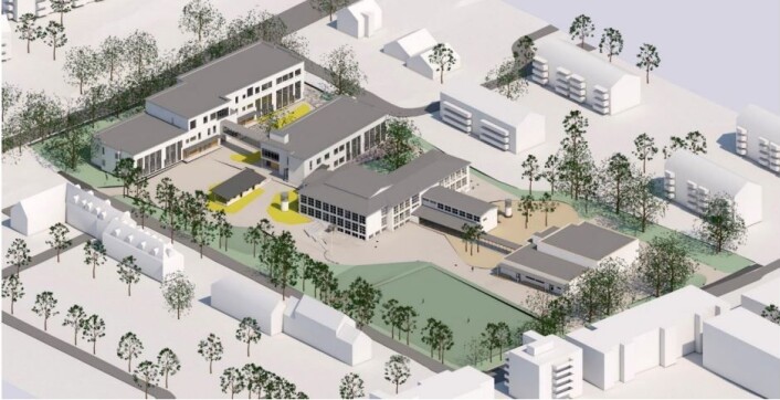 Skissen over den ferdige Hasle skole. Nederst ligger kunstgressbanen. Nederst til høyre er boligene til naboene som har klaget på banen. Illustrasjon: FuthArk Arkitekter / Oslo kommune Skissen over den ferdige Hasle skole. Nederst ligger kunstgressbanen. Nederst til høyre er boligene til naboene som har klaget på banen. Illustrasjon: FuthArk Arkitekter / Oslo kommune