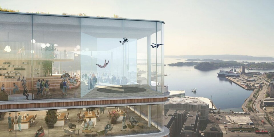 En vindtunnel hvor du kan fly og se ut over Oslo er blant forslagene til hva toppetasjen i KLPs planlagte høyhus kan brukes til. Illustrasjon: Mads Engh Juel
