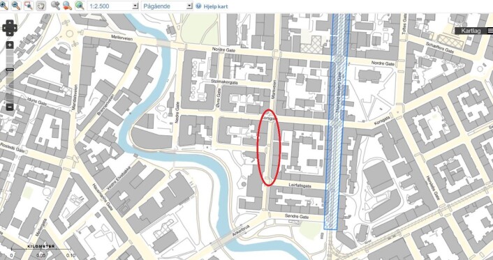 Fortauet i Markveien, mellom Leifallsgate og Korsgata er gravd opp og ny asfalt skal legges. Kart: Oslo kommune Fortauet i Markveien, mellom Leifallsgate og Korsgata er gravd opp og ny asfalt skal legges. Kart: Oslo kommune