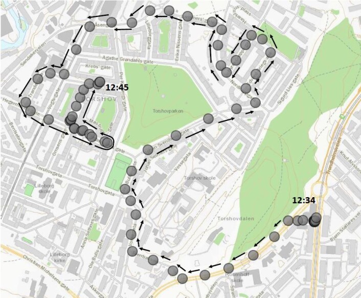 Dette var ruta den kaprede ambulansen kjørte på Rosenhoff og Torshov. Kart: Oslo politidistrikt Dette var ruta den kaprede ambulansen kjørte på Rosenhoff og Torshov. Kart: Oslo politidistrikt
