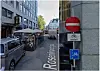 Tydelig skilting av sykkelfelt (til h.) i Rosenkrantz gate der det ligger uteservering og står en bil parkert. Illustrasjonsfoto: Google maps
