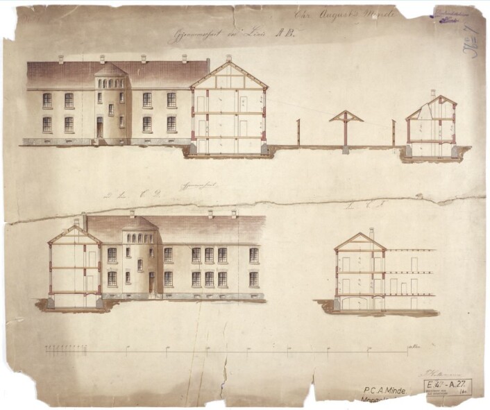 Fra Dollhus til Kristiania kommunale sinnssykeasyl. Tegning av P. Holtermann 1859, fra Byarkivets tegningssamling Fra Dollhus til Kristiania kommunale sinnssykeasyl. Tegning av P. Holtermann 1859, fra Byarkivets tegningssamling