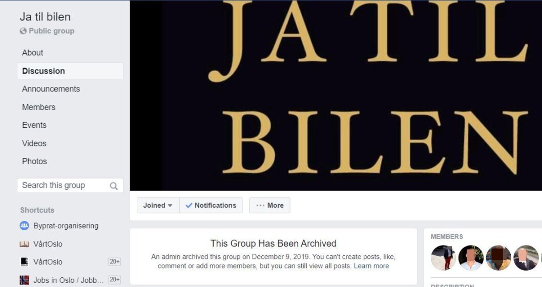 Facebook-gruppa Ja til bilen er nå arkivert. Det betyr at den ikke lenger er aktiv. Skjermdump fra Facebook Facebook-gruppa Ja til bilen er nå arkivert. Det betyr at den ikke lenger er aktiv. Skjermdump fra Facebook