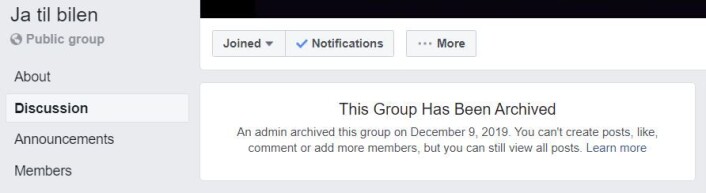 Ja til bilen er arkivert, er siste nytt fra Facebook-gruppen Ja til bilen. Skjermdump fra Facebook Ja til bilen er arkivert, er siste nytt fra Facebook-gruppen Ja til bilen. Skjermdump fra Facebook