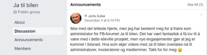 Administrator Jarle Aabø melder om sin fratreden. Skjermdump fra Facebook Administrator Jarle Aabø melder om sin fratreden. Skjermdump fra Facebook