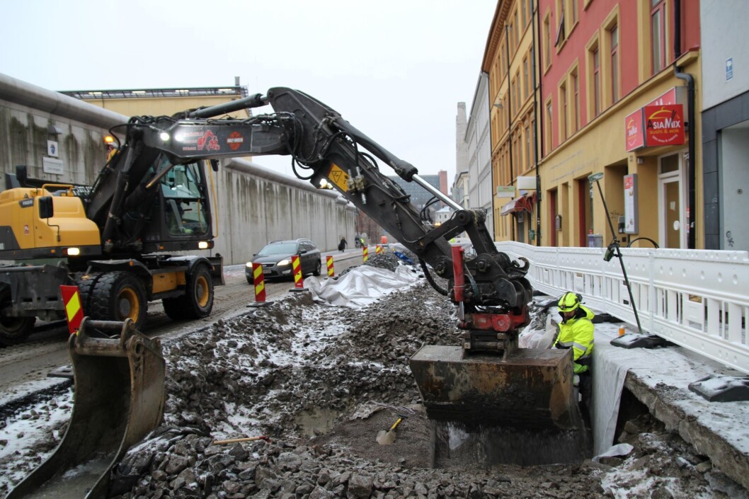Den oppgraderte gaten med nye sykkelfelt og opphøyde gangfelt skal stå klart sommeren 2020. Foto: NCC Den oppgraderte gaten med nye sykkelfelt og opphøyde gangfelt skal stå klart sommeren 2020. Foto: NCC