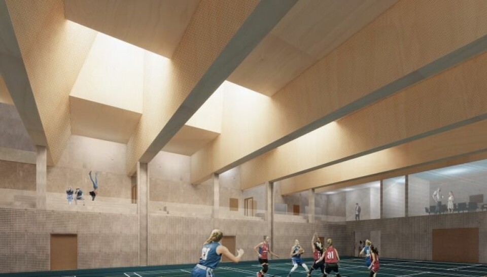Den nye flerbrukshallen ved Frogner stadion skal i første rekke brukes av barna på Majorstuen skole. Illustrasjon: Dyrvik Arkitekter