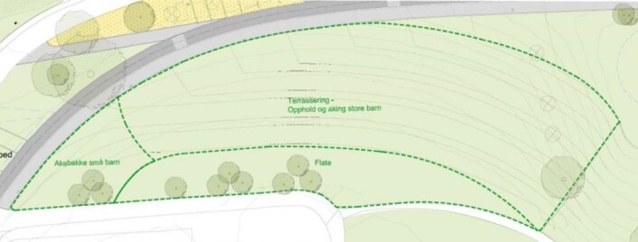 Slik tenker Kultur- og idrettsbygg seg området nå. Flaten mot blokkene er beholdt, og akebakken nærmest Kulturparken FUS barnehage får ikke terrassering. Illustrasjon: KID Slik tenker Kultur- og idrettsbygg seg området nå. Flaten mot blokkene er beholdt, og akebakken nærmest Kulturparken FUS barnehage får ikke terrassering. Illustrasjon: KID