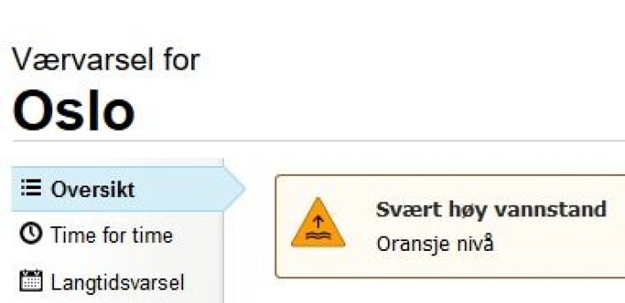 Skjermdump fra Yr.no der det varsles om svært høy vannstand også innerst i Oslofjorden. Skjermdump fra Yr.no der det varsles om svært høy vannstand også innerst i Oslofjorden.
