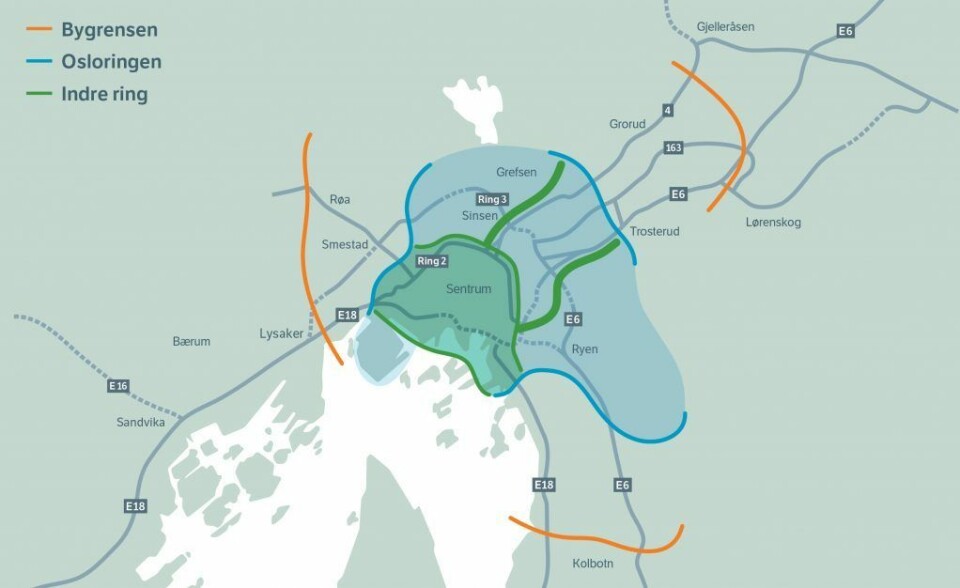 Kart over bomsystemet som ble innført 1. juni i fjor. De oransje strekene markerer Bygrensa, mens de blå er Osloringen. Grønt markerer den nye Indre ring, som i hovedsak følger Ring 2. Illustrasjon: Statens vegvesen