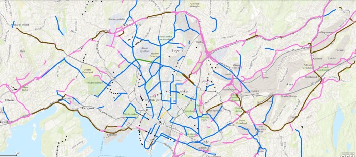 Plan for sykkelveinettet i Oslo. Her ser du dagens sykkelveier. Trykk på kartet for å forstørre det. Kart: Bymiljøetaten Plan for sykkelveinettet i Oslo. Her ser du dagens sykkelveier. Trykk på kartet for å forstørre det. Kart: Bymiljøetaten