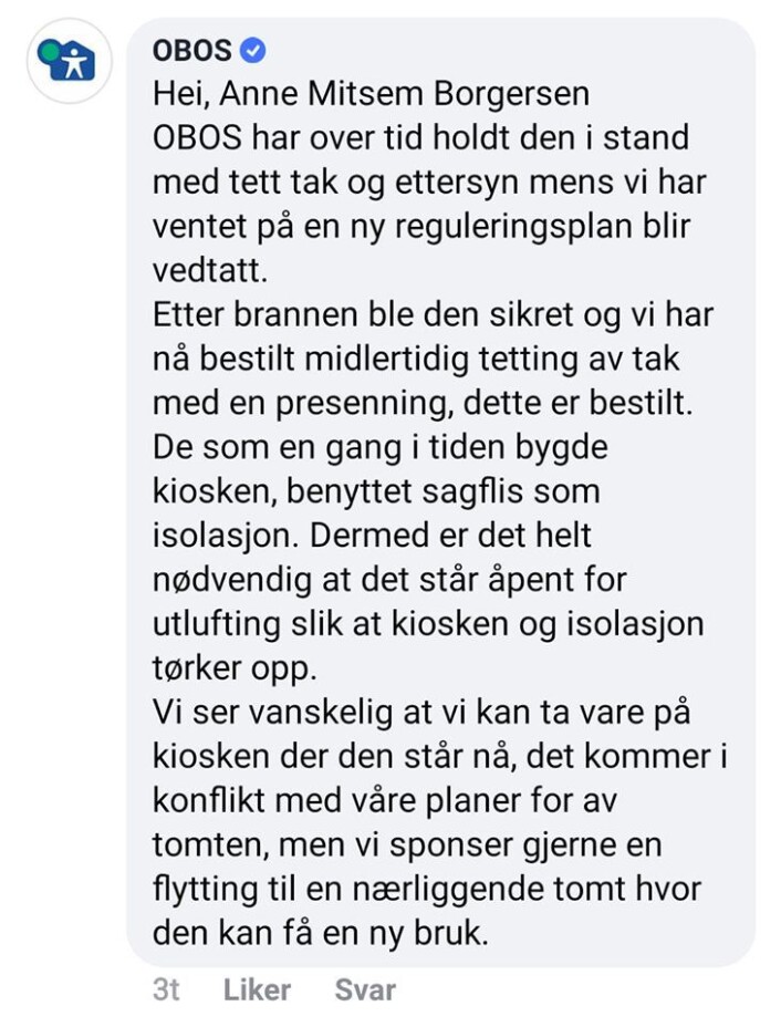 Slik svarer Obos når folk ber Boligbyggelaget ta vare på det historiske bygget. Slik svarer Obos når folk ber Boligbyggelaget ta vare på det historiske bygget.