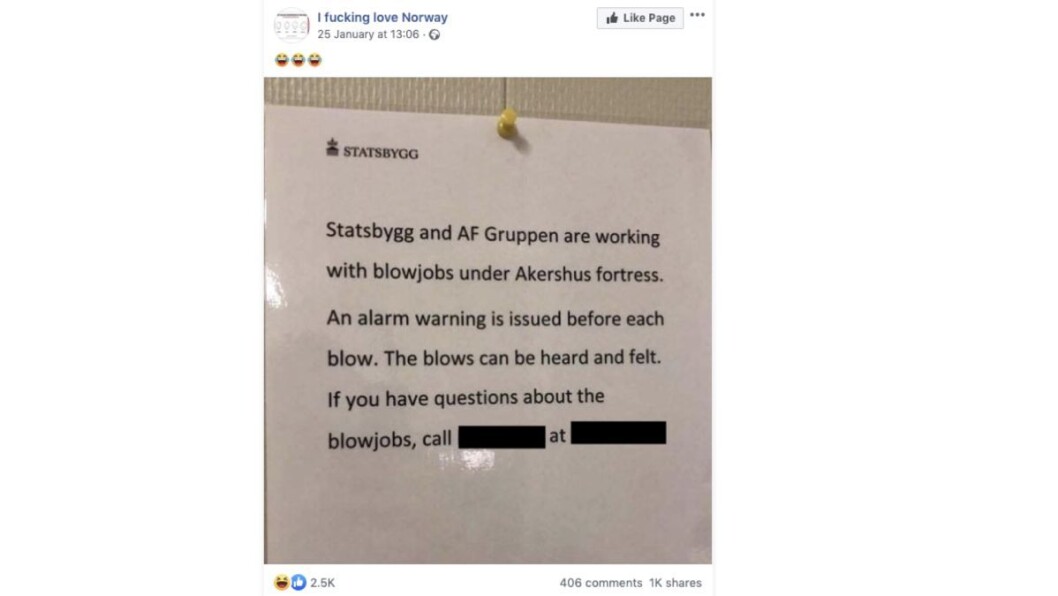 Skal det være en blowjob under Akershus festning? Faktisk.nos sladding. Foto: Skjermdump / Facebook Skal det være en blowjob under Akershus festning? Faktisk.nos sladding. Foto: Skjermdump / Facebook