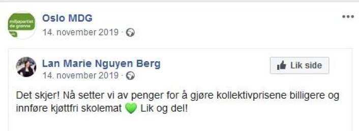 Skjermdump fra Oslo MDGs Facebook-side. Skjermdump fra Oslo MDGs Facebook-side.