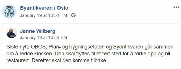 Byantikvar Janne Wilberg er tydelig opprørt over at Sota-kiosken brenner nok en gang. Skjermdump fra Facebook