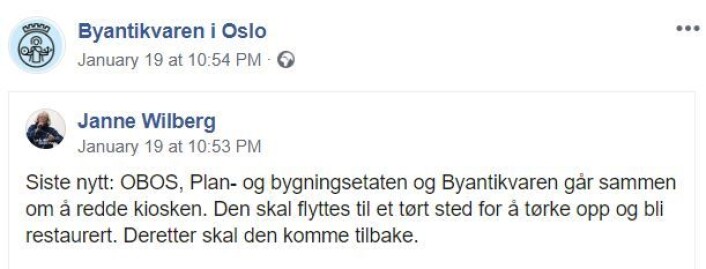 Byantikvar Janne Wilberg er tydelig opprørt over at Sota-kiosken brenner nok en gang. Skjermdump fra Facebook Byantikvar Janne Wilberg er tydelig opprørt over at Sota-kiosken brenner nok en gang. Skjermdump fra Facebook