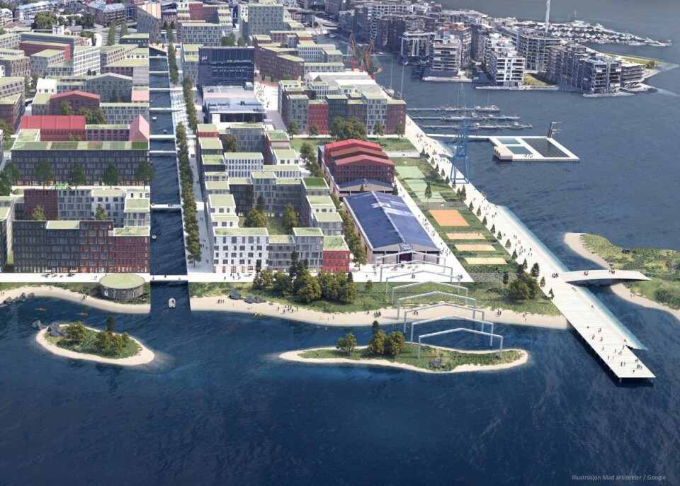Med kanaler og lavere bebyggelse trukket tilbake fra fjorden, lanserer Mad arkitekter et alternativ til det rødgrønne byrådets Filipstad-plan. Illustrasjon: Mad arkitekter