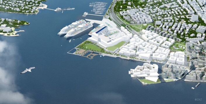 Slik ser Ap/SV/MDG-byrådets plan for Filipstad ut. Dagens fergeterminal blir liggende og bygningene er høyere enn det Mad arkitekter nå foreslår. Illustrasjon: Oslo kommune Slik ser Ap/SV/MDG-byrådets plan for Filipstad ut. Dagens fergeterminal blir liggende og bygningene er høyere enn det Mad arkitekter nå foreslår. Illustrasjon: Oslo kommune