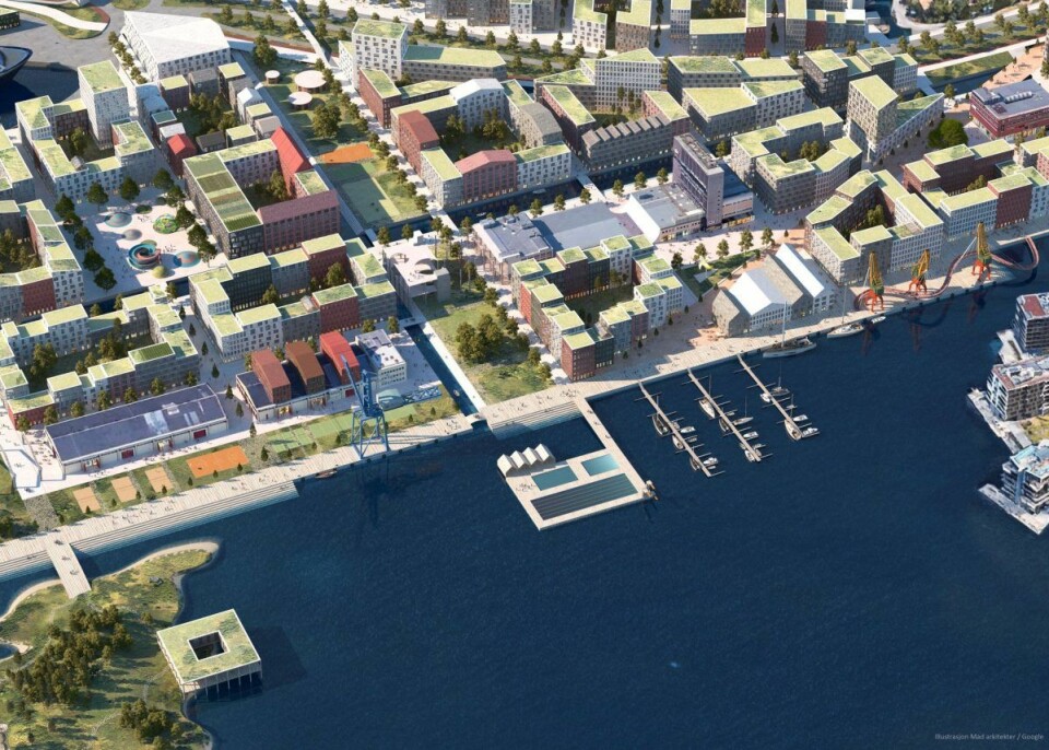 Mad arkitekter har lagt inn kanaler som en del av nye Filipstad i sitt forslag. Illustrasjon: Mad arkitekter