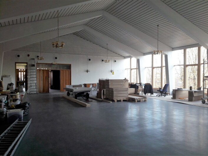 Menighetssalen i Hasle kirke er under full restaurering. Foto: Anders Høilund Menighetssalen i Hasle kirke er under full restaurering. Foto: Anders Høilund