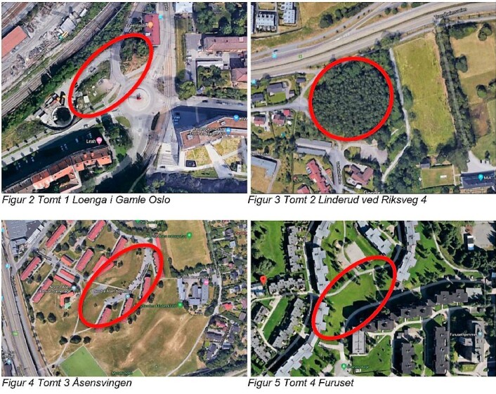 Dette er de fire mest aktuelle tomtene for relokalisering av de verneverdige husene fra "Hylla" i Enebakkveien. Skjermdump fra rapporten "Hovedbanen, Retningsdrift i Brynsbakken. Utvidet tomtesøk". Bane Nor. Dette er de fire mest aktuelle tomtene for relokalisering av de verneverdige husene fra "Hylla" i Enebakkveien. Skjermdump fra rapporten "Hovedbanen, Retningsdrift i Brynsbakken. Utvidet tomtesøk". Bane Nor.