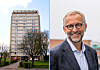 Stein-Gunnar Bondevik og boligblokk i Rugveien på Manglerud.