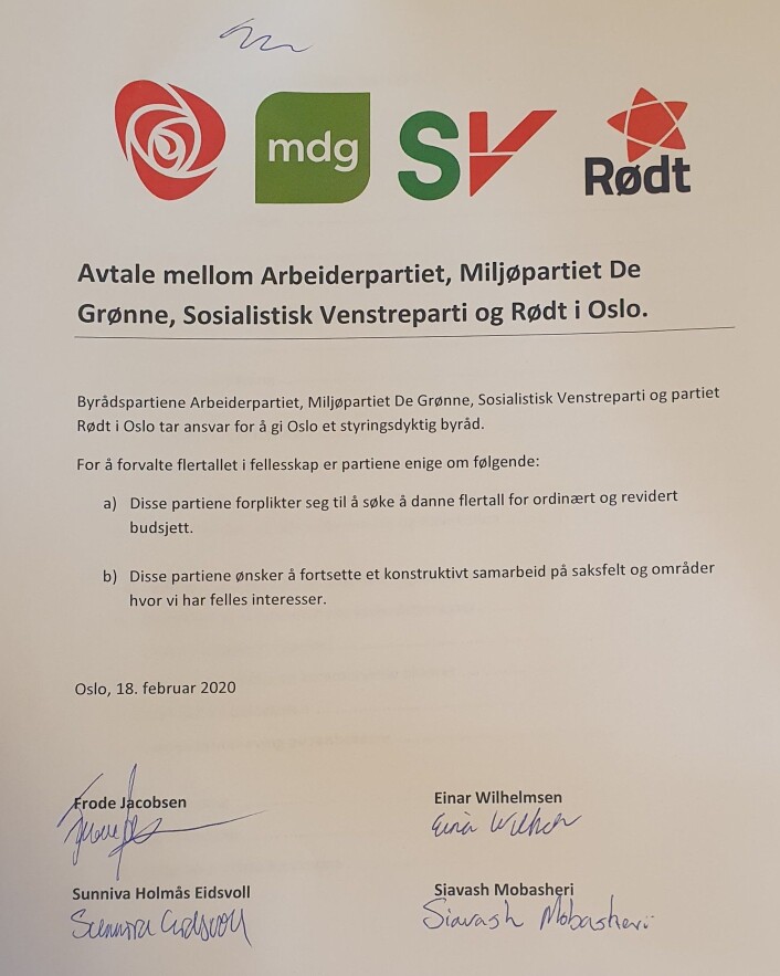 To punkter klarte byrådspartiene AP, SV og MDG bli enige med Rødt om. Slik ser avtalen ut. Foto: Eivor Evenrud To punkter klarte byrådspartiene AP, SV og MDG bli enige med Rødt om. Slik ser avtalen ut. Foto: Eivor Evenrud