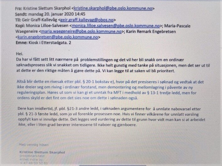 Bilde av epost sendt fra plan- og bygningsetaten til OBOS 20. januar i år. Bilde av epost sendt fra plan- og bygningsetaten til OBOS 20. januar i år.