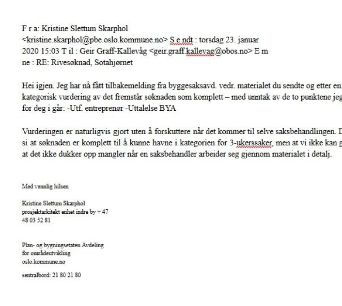 Skjermdump av epost fra plan- og bygningsetaten til OBOS sendt 23. januar i år. Skjermdump av epost fra plan- og bygningsetaten til OBOS sendt 23. januar i år.