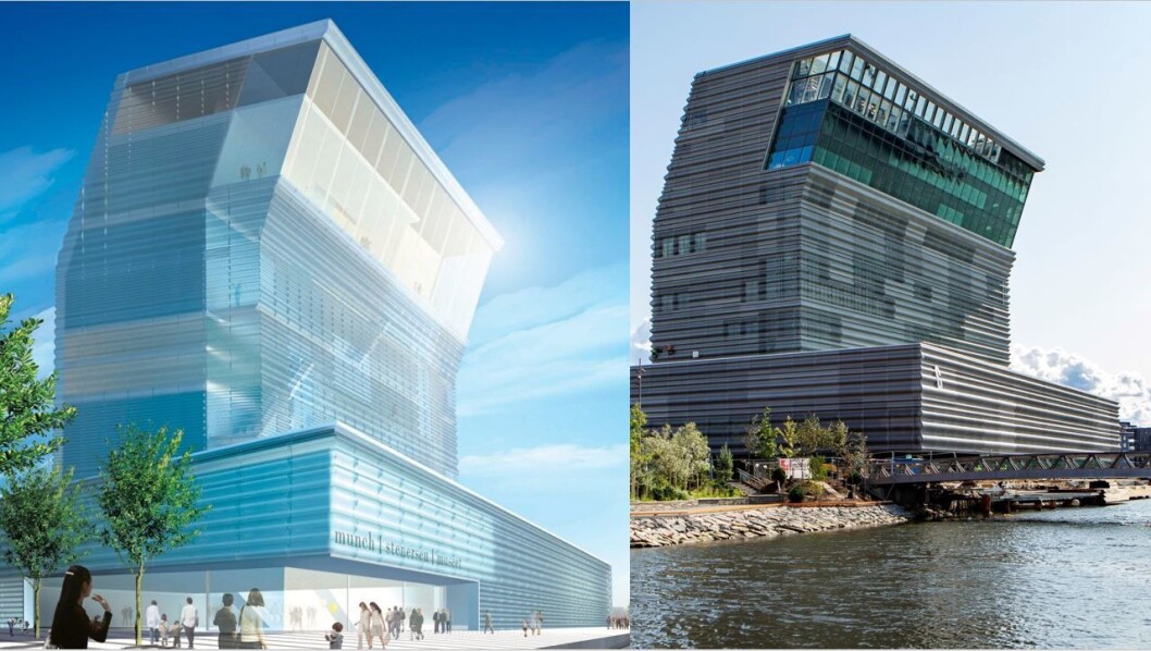 Her er Lambda, slik det så ut på tegningene, og slik det ser ut i dag. Foto: Foto: Herreros Arquitectos og Paul Kleiven / NTB scanpix Her er Lambda, slik det så ut på tegningene, og slik det ser ut i dag. Foto: Foto: Herreros Arquitectos og Paul Kleiven / NTB scanpix