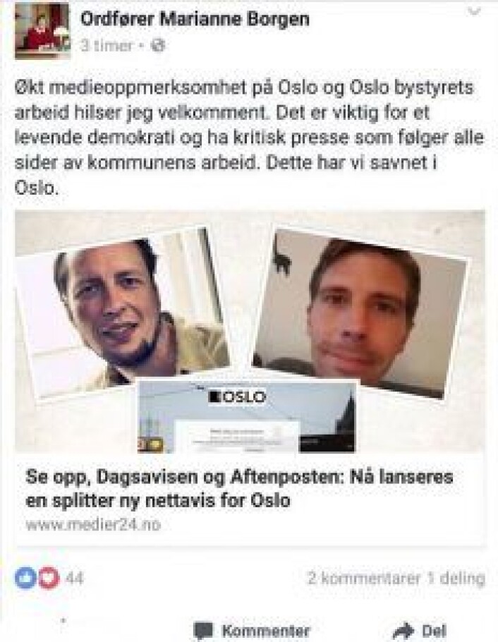 Ordføreren gleder seg over at Oslo får en ny lokalavis Ordføreren gleder seg over at Oslo får en ny lokalavis