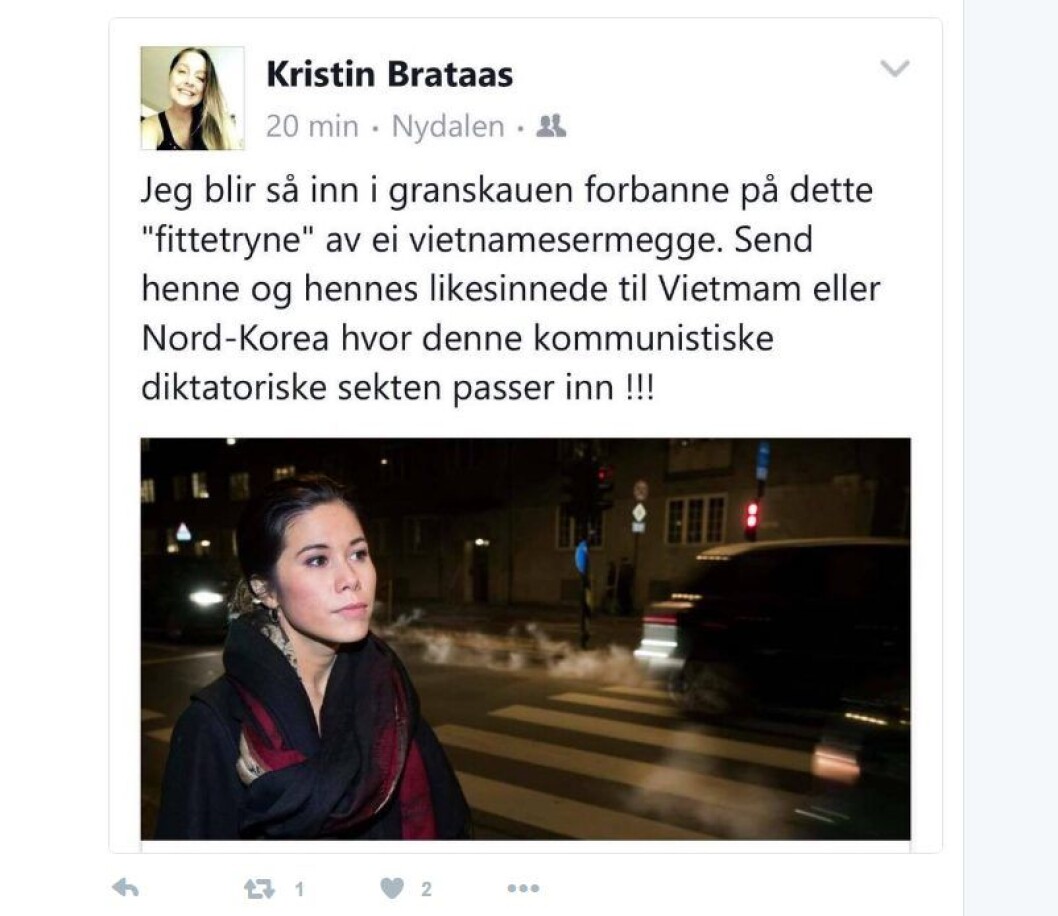 – Jeg ble forbanna, og da kom det noen trønderske ukvemsord. Såpass må Lan Berg tåle, sier studieleder i Nordre Aker Frp, Kristin Brattaas – Jeg ble forbanna, og da kom det noen trønderske ukvemsord. Såpass må Lan Berg tåle, sier studieleder i Nordre Aker Frp, Kristin Brattaas