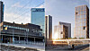 Til venstre slik området ser ut i dag. Til høyre KLP KLP Eiendoms forslag til høyhus på toppen av den gamle postterminalen. Foto: Ingri Valen Egeland / Illustrasjon: Nordic office of Architecture / C.F. Møller / Rodeo arkitekter