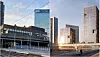Til venstre slik området ser ut i dag. Til høyre KLP KLP Eiendoms forslag til høyhus på toppen av den gamle postterminalen. Foto: Ingri Valen Egeland / Illustrasjon: Nordic office of Architecture / C.F. Møller / Rodeo arkitekter