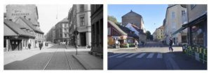 Tøyengata har forandret seg mye de siste 70 årene. Bildet til høyre er tatt i 1943, mens bildet til venstre er tatt i 2016. Foto: Oslo Byarkiv/Pia Gellein CC Tøyengata har forandret seg mye de siste 70 årene. Bildet til høyre er tatt i 1943, mens bildet til venstre er tatt i 2016. Foto: Oslo Byarkiv/Pia Gellein CC