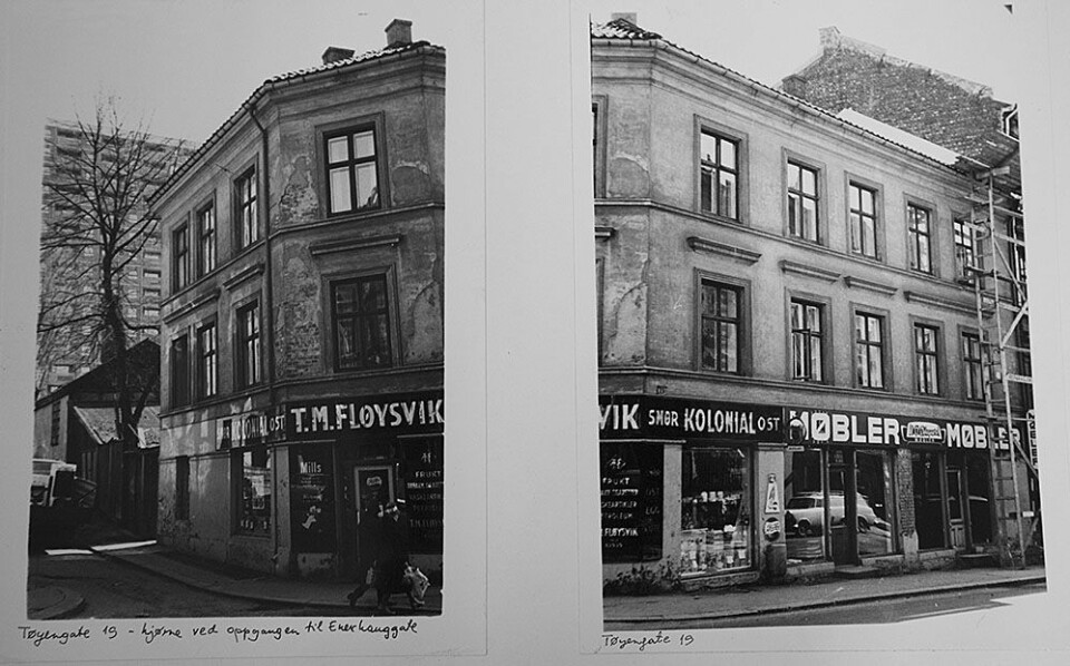 Tøyengata 19 og blant annet Ødegaards Møbler på 1960-tallet. Foto: Med tillatelse fra Byantikvaren