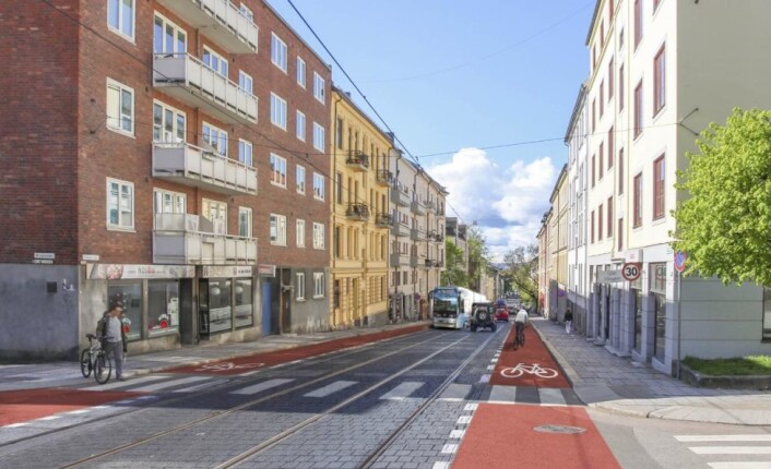 Konseptet Sykkelbane har en opphøyet sykkelvei på hver siden av gaten. Varianten fordrer at all varelevering og parkering flyttes til sidegater. Konseptet Sykkelbane har en opphøyet sykkelvei på hver siden av gaten. Varianten fordrer at all varelevering og parkering flyttes til sidegater.